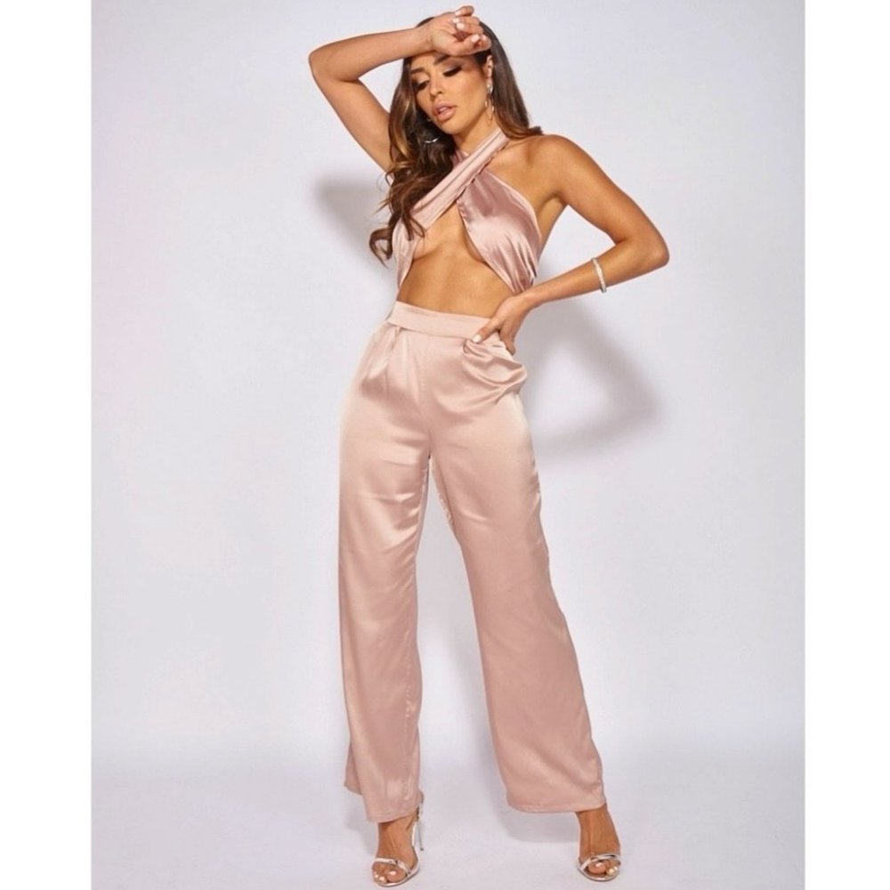 Nude Satin Silk Halter Neck Crop Top and High Waist Wide Leg Pants Two Piece Set - Picture 11 of 15
